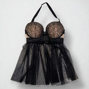 Victoria Secret | Babydoll Negligee Push Up 34D Black‎ Underwire Halter Strap